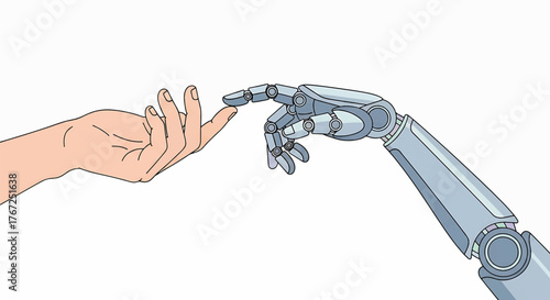 A human hand reaching out to touch the metal fingers of a robotic arm against a plain white background.