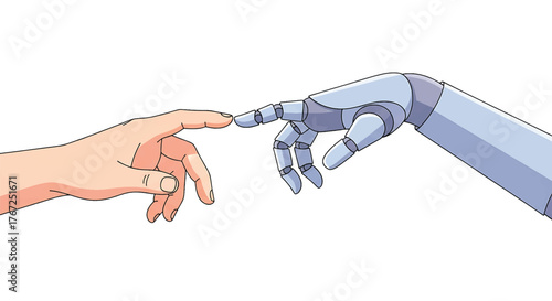 Illustration of a human hand and a robotic hand touching fingertips against a white background.