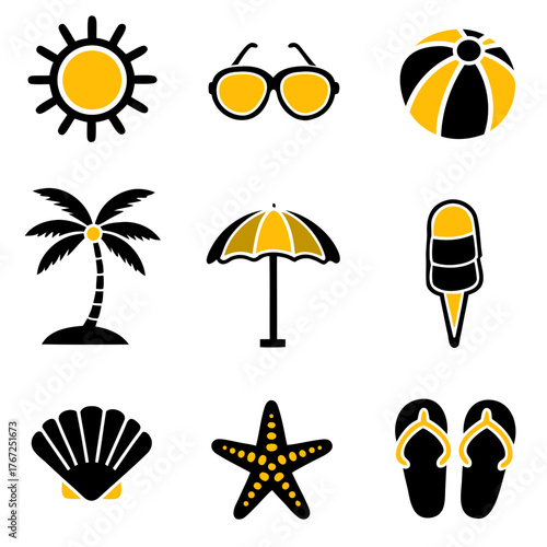 Vector illustration of summer themed icons including a sun, beach ball, and flip flops set up