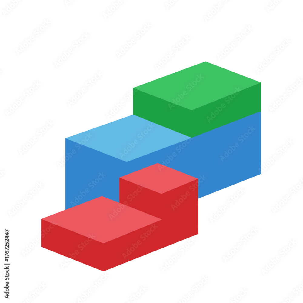 Obraz premium A vibrant arrangement of three colorful isometric blocks creates a dynamic visual representation of progress and structured growth on a clean white background.