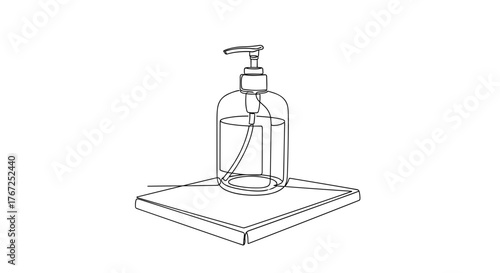 Hand sanitizer on entry table in line art style symbolizing protection