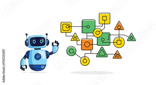 A blue robot interacts with a colorful flowchart on a clean white background.