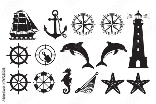  Nautical elements collection with ship anchor compass lighthouse dolphins and starfish