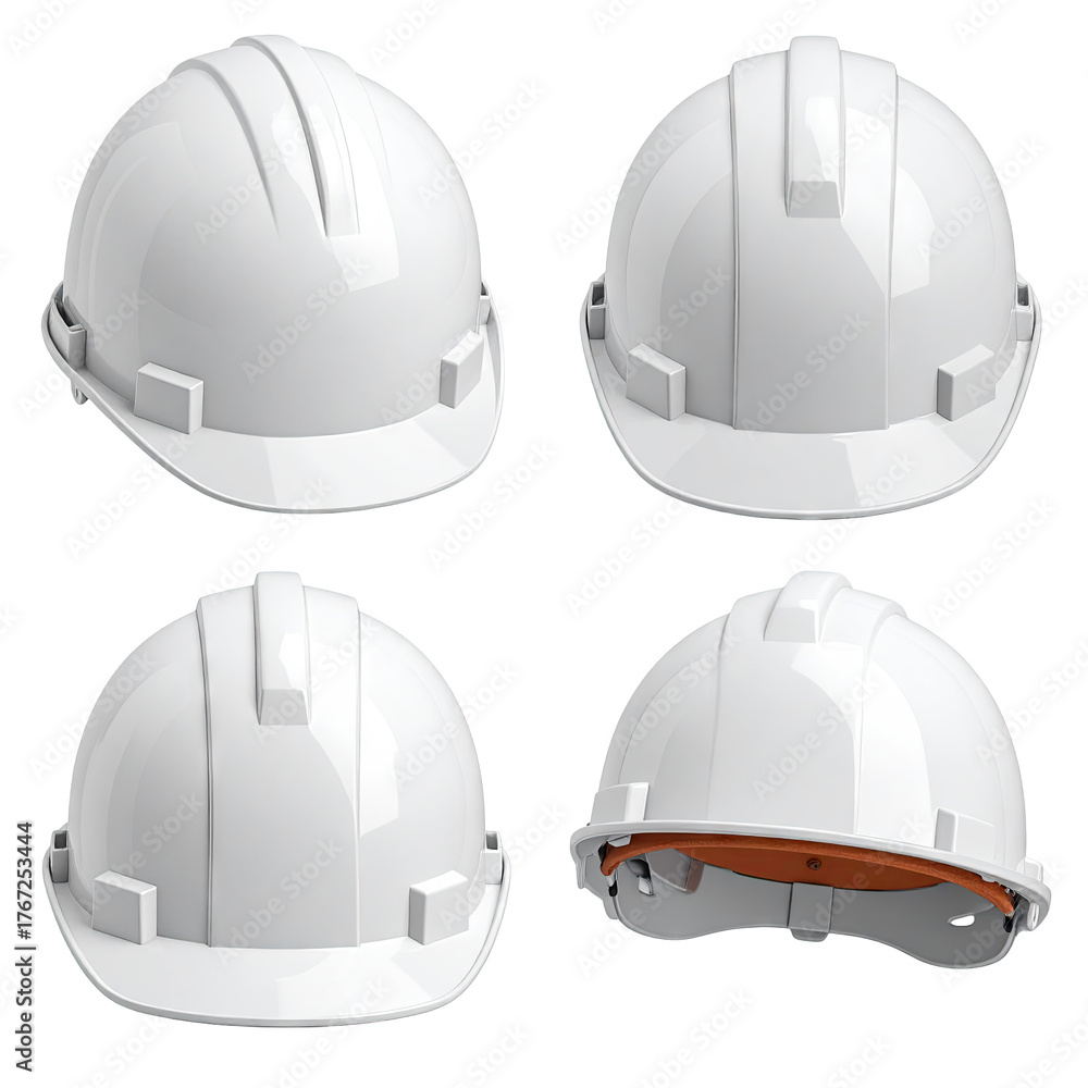 Fototapeta premium Four white hard hats angled differently, safety equipment