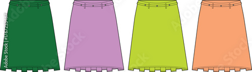 Colorful Skirt Variations Explore diverse skirt designs in green, purple, yellow, and orange hues with unique styles