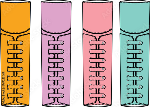 Colorful graphic illustration of four lace-up sneakers. Vibrant orange, pink, and teal hues for active wear and fashion designs