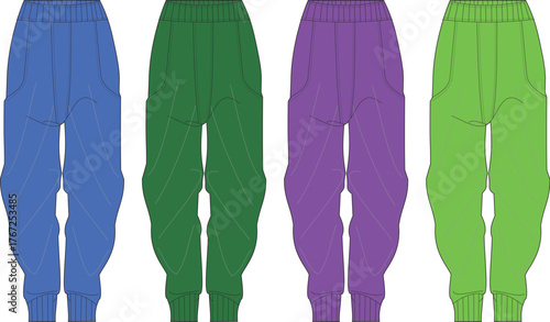 Collection of four casual joggers in vibrant blue, green, and purple hues showcasing comfortable and stylish design
