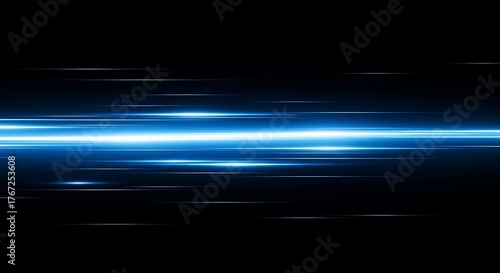 Blue light trails streak across a dark background creating a sense of speed
