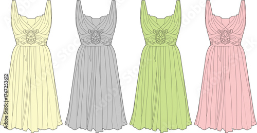 Elegant women's sleeveless summer dress design concepts in various soft pastel color options, showcasing versatile fashion apparel outlines for diverse seasonal wear