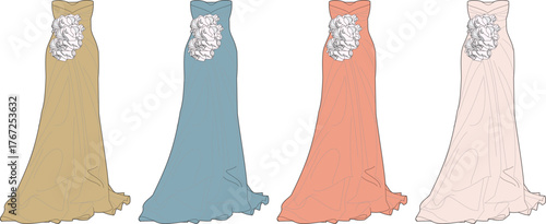 A graceful collection of four elegant floor-length formal gowns, each featuring a white floral embellishment for a touch of timeless romance