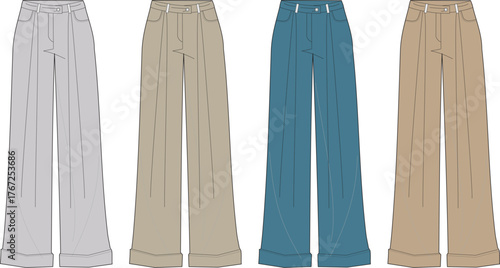 Vector fashion flats of modern women's wide-leg pleated pants in various colors, ideal for apparel design concepts, technical drawings, and clothing collection illustrations