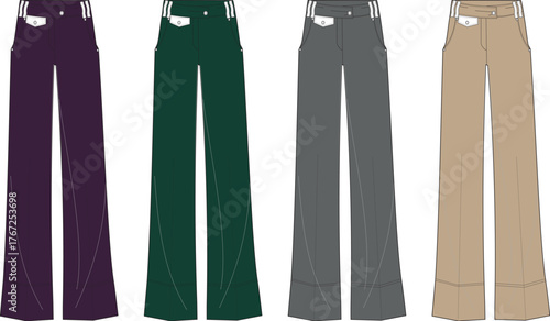 Collection of women's wide-leg trousers in different colorways. Fashion flat sketch template of high-waisted pants with buckle detail for apparel design