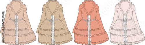 A collection of beautifully illustrated classic Lolita style winter coats with elegant ruffles and lace details, presented in four distinct color palettes
