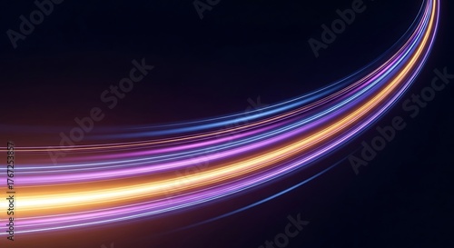 Colorful light trails curve gracefully against a dark background, creating movement