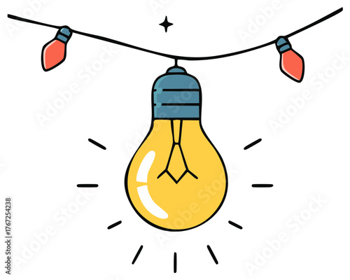 Festive string lights featuring a central glowing bulb, illuminated radiance and decorative red bulbs suspended on a dark cord