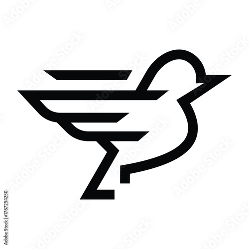 A black outline of a bird design with minimalist features including geometric wings and a smooth body. Line icon style editable stroke