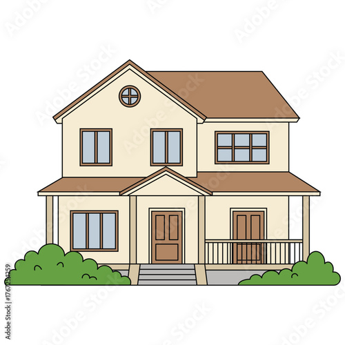 A large two-story house in chai color with a brown roof and a lawn in front of the house.