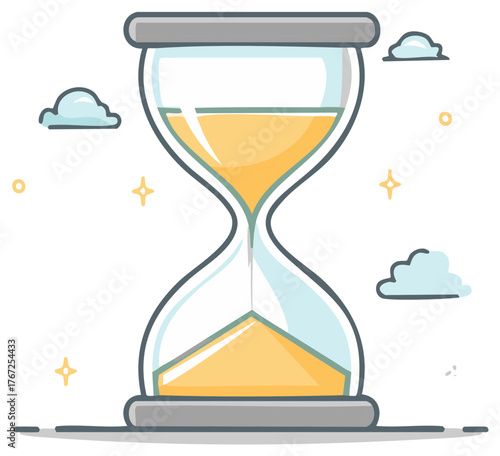 Hourglass with yellow sand flowing amidst stylized clouds and stars representing time passing