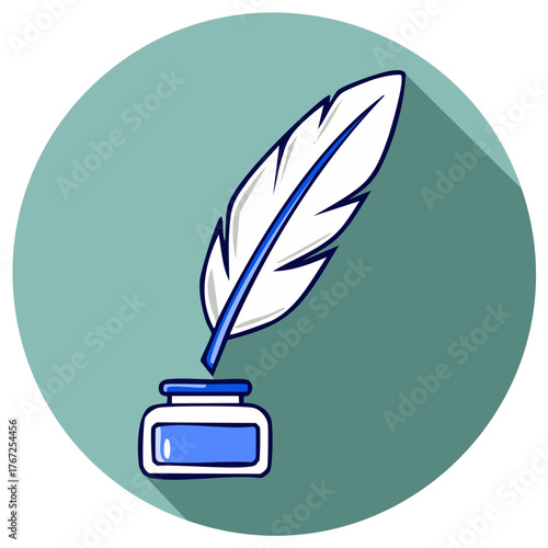 Feather Quill Pen in Inkwell Icon Creative Writing and Calligraphy Tool