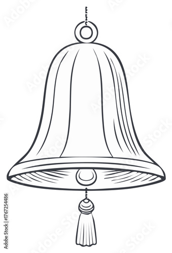 Ornate traditional bell illustration with decorative tassel clapper in elegant line art style