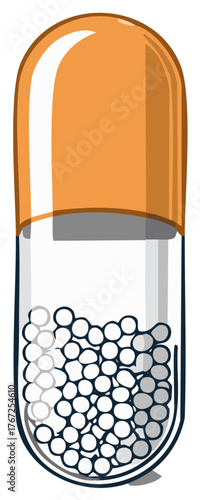 Orange and clear medical capsule pill filled with tiny therapeutic granules or beads