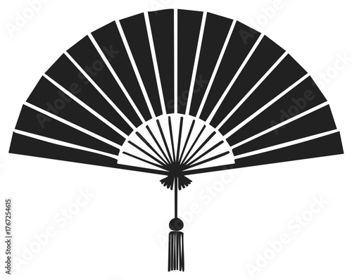 Black Silhouette of a Traditional Folding Fan with Tassel