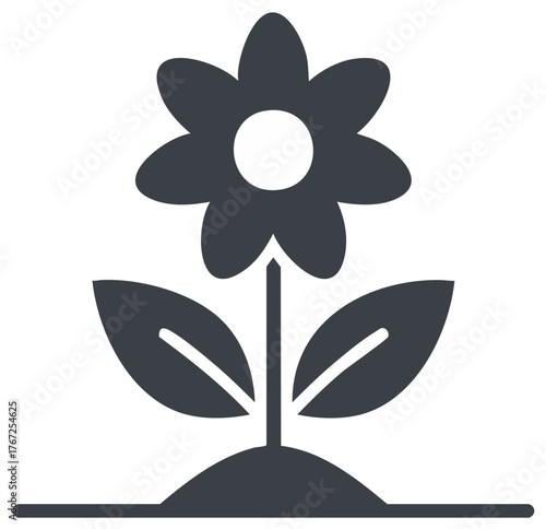 Minimalist graphic flower icon growing from earth representing nature and plant growth