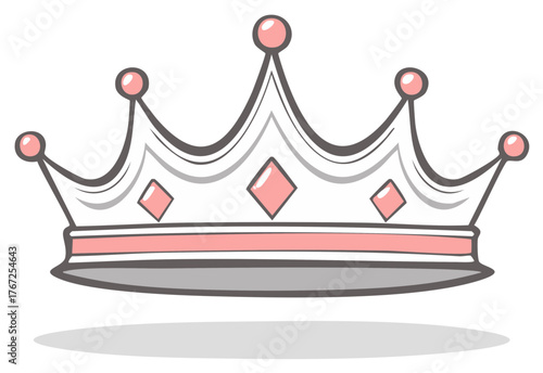 Elegant cartoon crown with diamond jewels and pink accents, royalty symbol icon