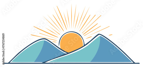 Mountain Range Sunbeam Rising over Peaks Adventure Landscape Illustration