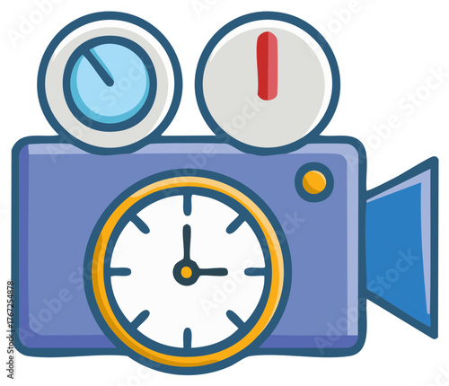 Retro video camera with clock face and gauges, symbolizing time and filmmaking