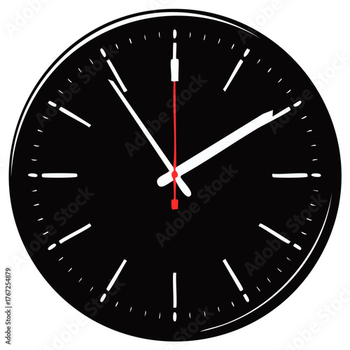 Simple black analog clock face illustration with red second hand