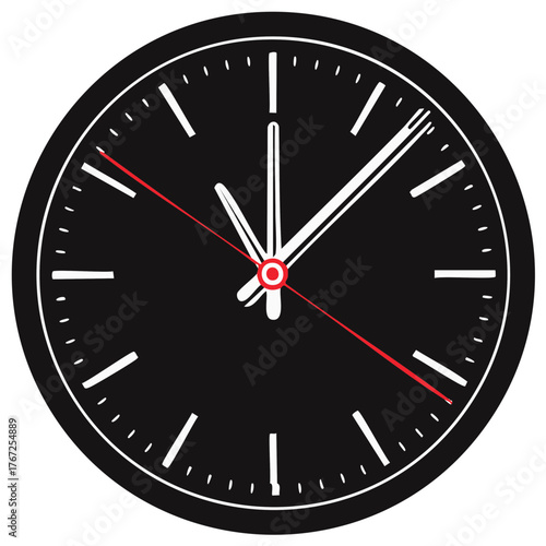 Modern black analog clock face with white markers and red second hand
