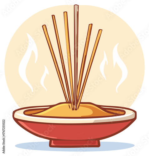Burning Incense Sticks in a Bowl Emitting Fragrant Smoke with Warm Light Background