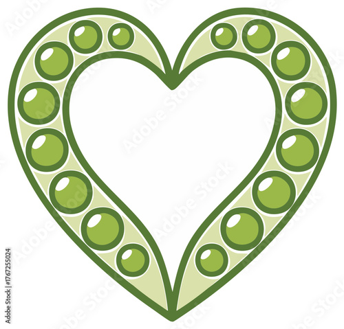Heart shaped pea pod with green peas inside, representing love and health