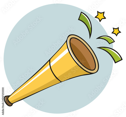 Golden Party Horn Emitting Confetti and Stars Celebrating Festive Joyful Occasions