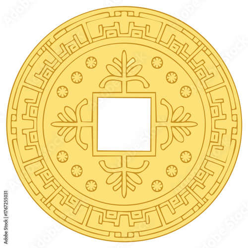 Golden Chinese Lucky Coin Amulet for Prosperity and Wealth Illustration