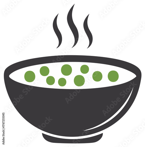 Steaming bowl of vegetable soup with green peas, simple graphic illustration.