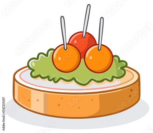 Cartoon illustration of a toasted bread snack with toppings