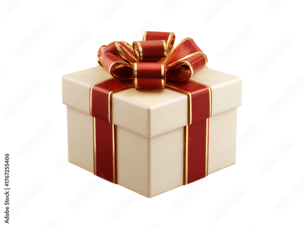 Obraz premium Creamy box with red ribbon and gold trim gift, Isolated, Png Transparent Background