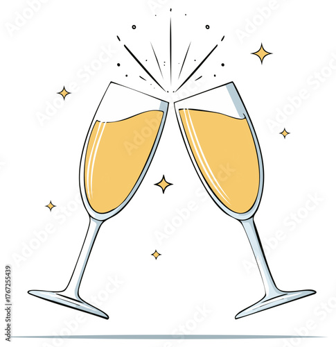 Two champagne flutes clinking together in celebration with sparkling effect
