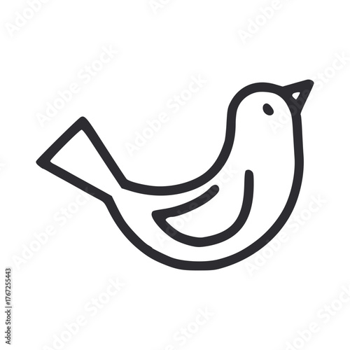 A simple line drawing of a bird featuring a plump body small beak distinct tail and a small wing. Line icon style editable stroke