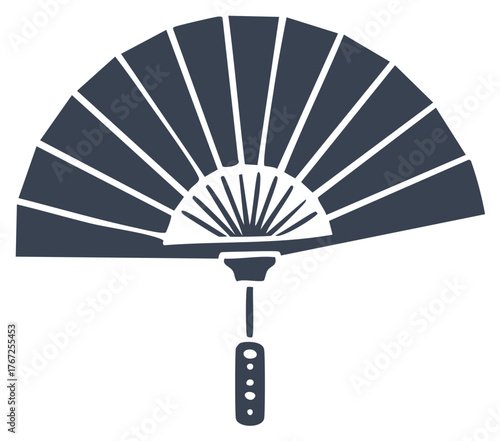 Stylized Traditional Asian Folding Hand Fan Silhouette Icon with Decorative Handle Design