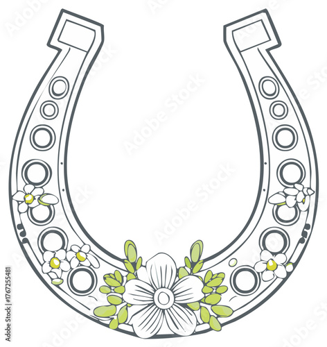 Lucky horseshoe with delicate floral embellishments in line art style
