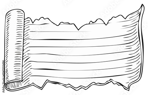 Old manuscript scroll, ripped parchment document in black and white drawing style, antique paper letter, vintage sketch