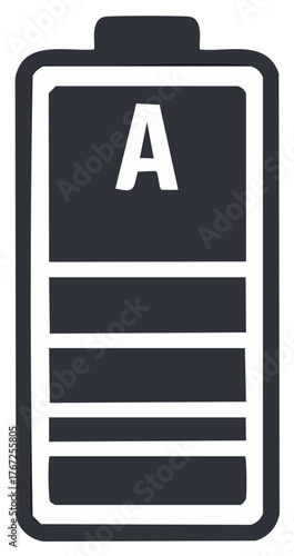 Battery energy level indicator with letter A, power charge symbol, low level, rechargeable cell device icon