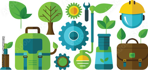 Vibrant eco friendly design elements featuring gears leaves trees and industrial symbols for sustainable business concepts