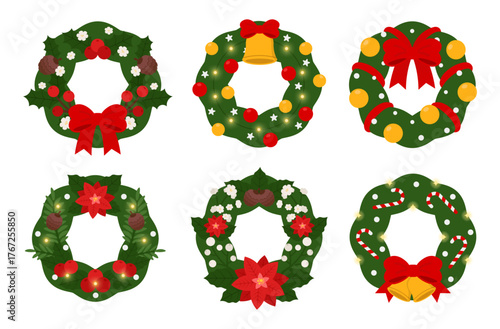 Set of 6 Christmas wreaths decorated with holly, mistletoe, ribbons, bells, and lights. perfect for greeting cards, invitations, posters, home decor, and festive holiday designs.