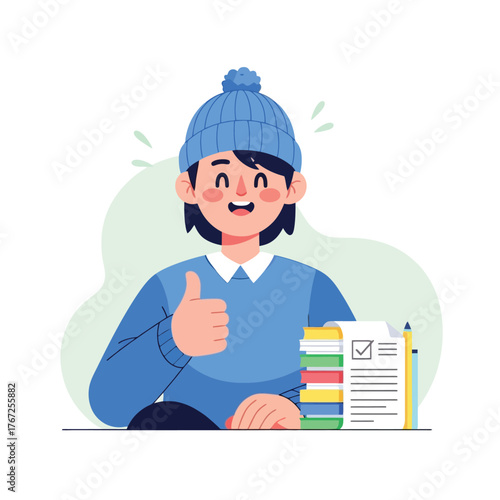 Cheerful student with thumbs up celebrates finishing homework stack with a smile