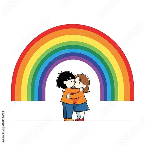 Two cute cartoon children embracing and kissing under a vibrant rainbow, symbolizing love and diversity.