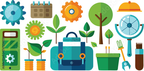 Vibrant collection of flat design icons representing growth, industry, and nature, perfect for modern projects and presentations